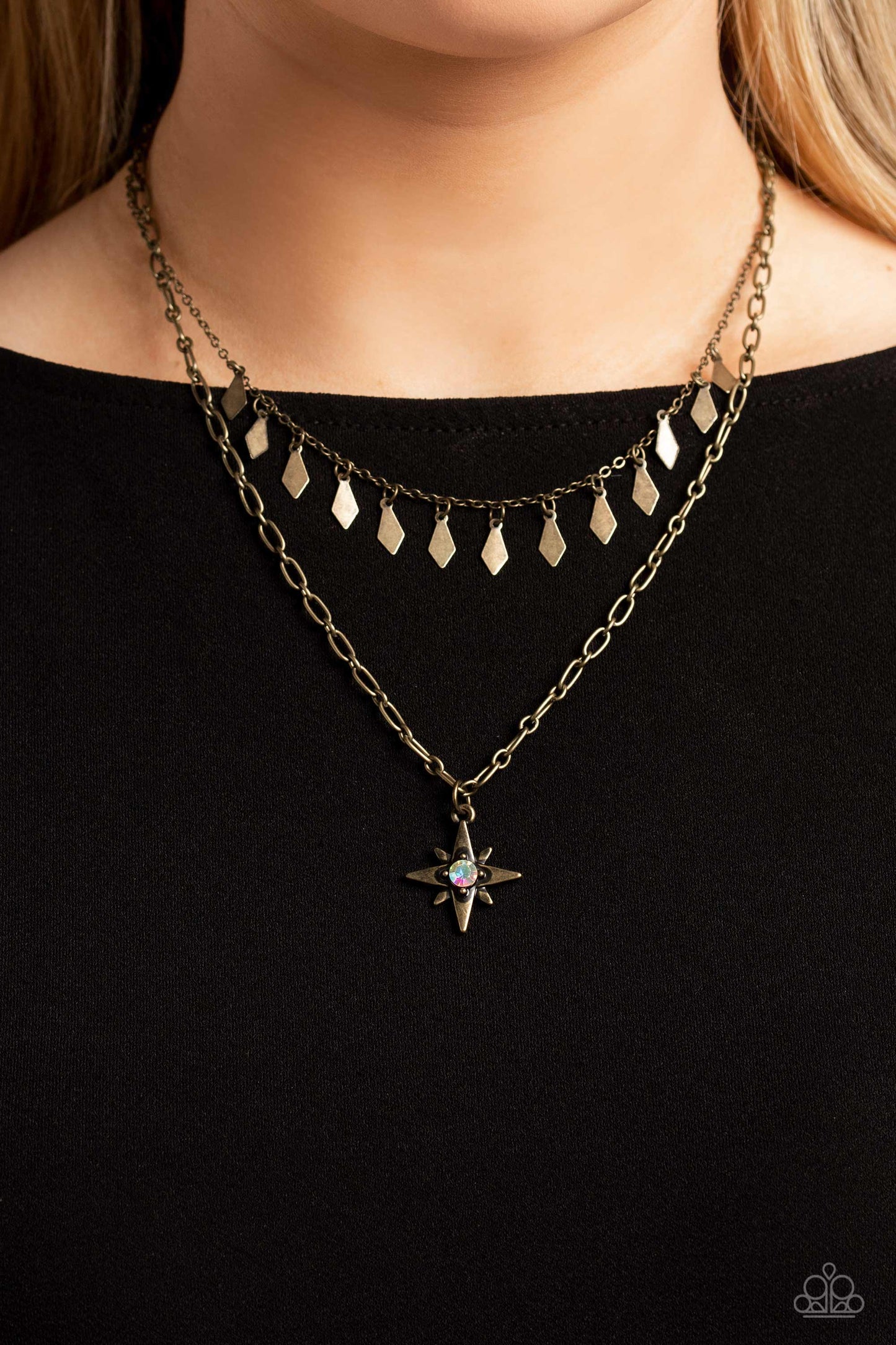 The Second Star To The LIGHT - Brass Iridescent Rhinestone Layered Short Necklace