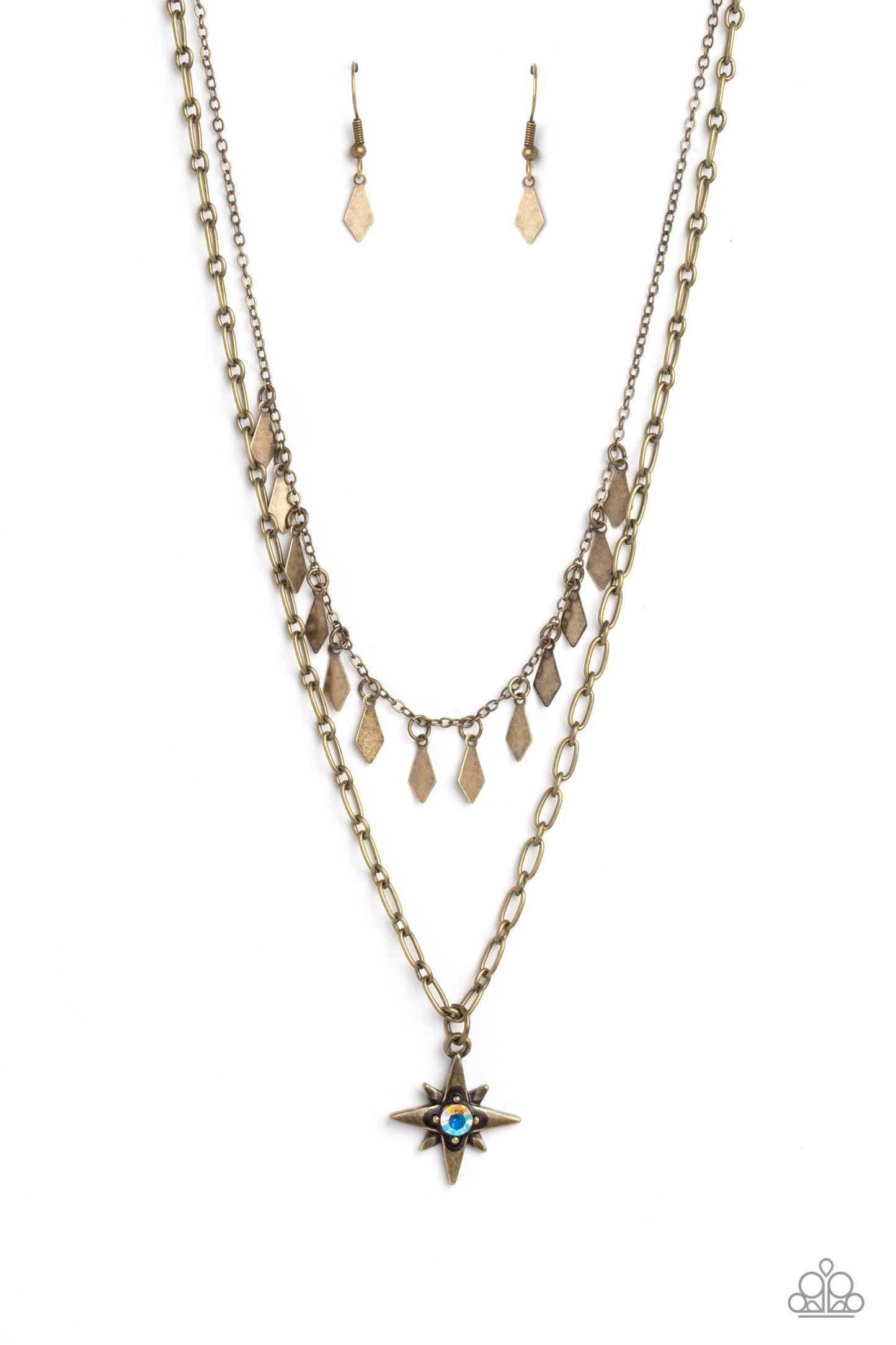 The Second Star To The LIGHT - Brass Iridescent Rhinestone Layered Short Necklace