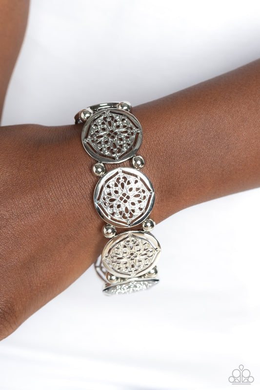 Filigree Fanfare - Silver Floral Stretchy Bracelet