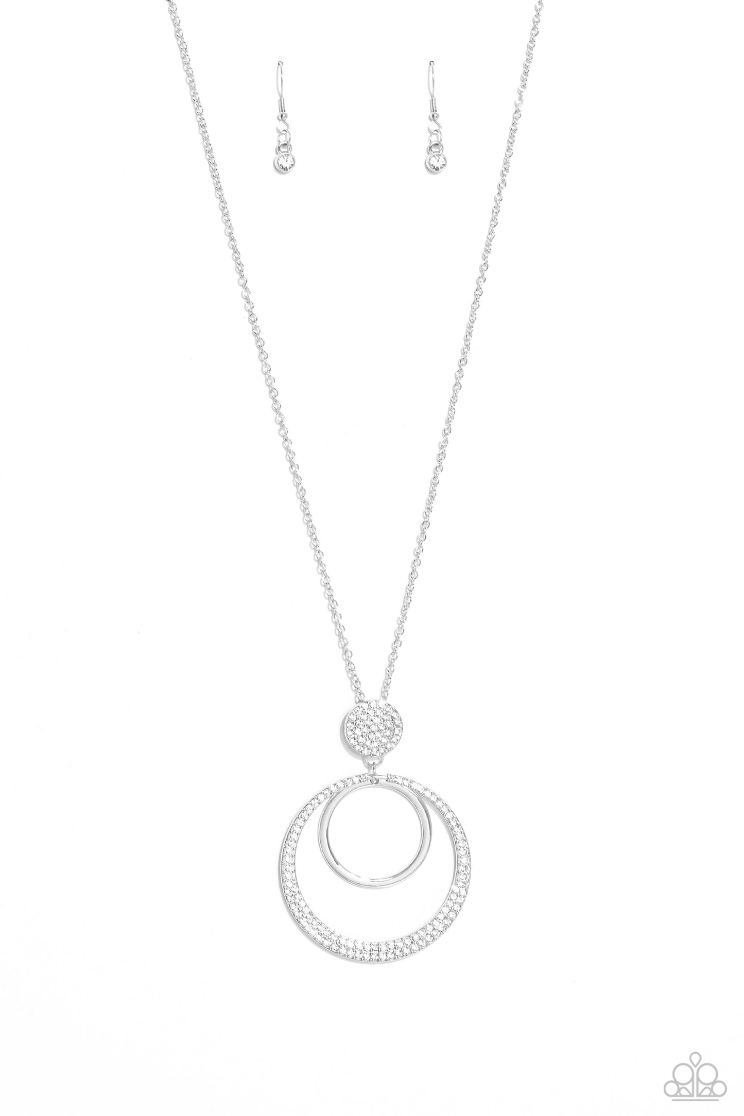 Spanish Sizzle - White Rhinestone Silver Circle Long Necklace