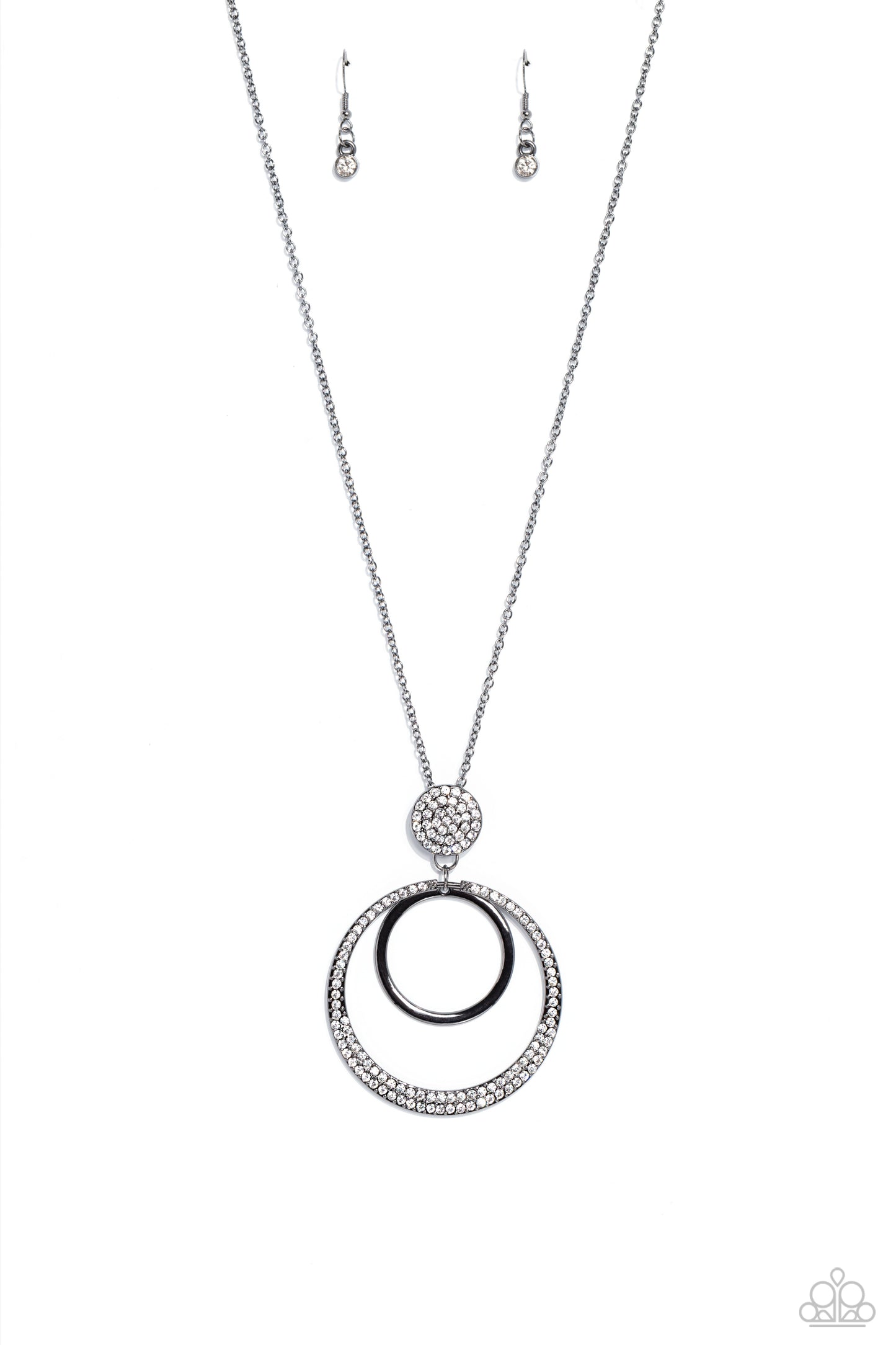 Spanish Sizzle - Black Gunmetal Circle Pendant with White Rhinestone Silver Long Necklace