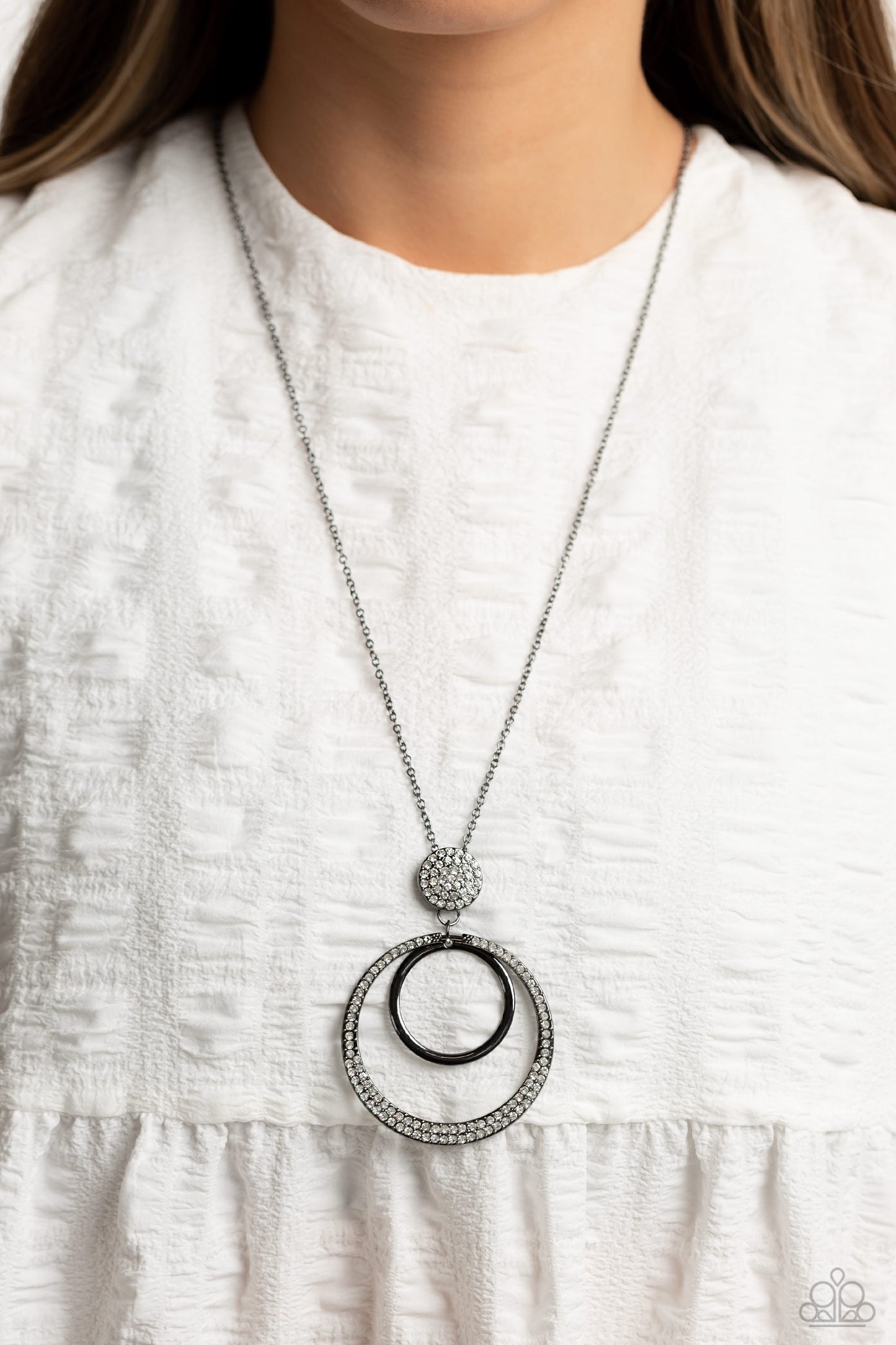 Spanish Sizzle - Black Gunmetal Circle Pendant with White Rhinestone Silver Long Necklace