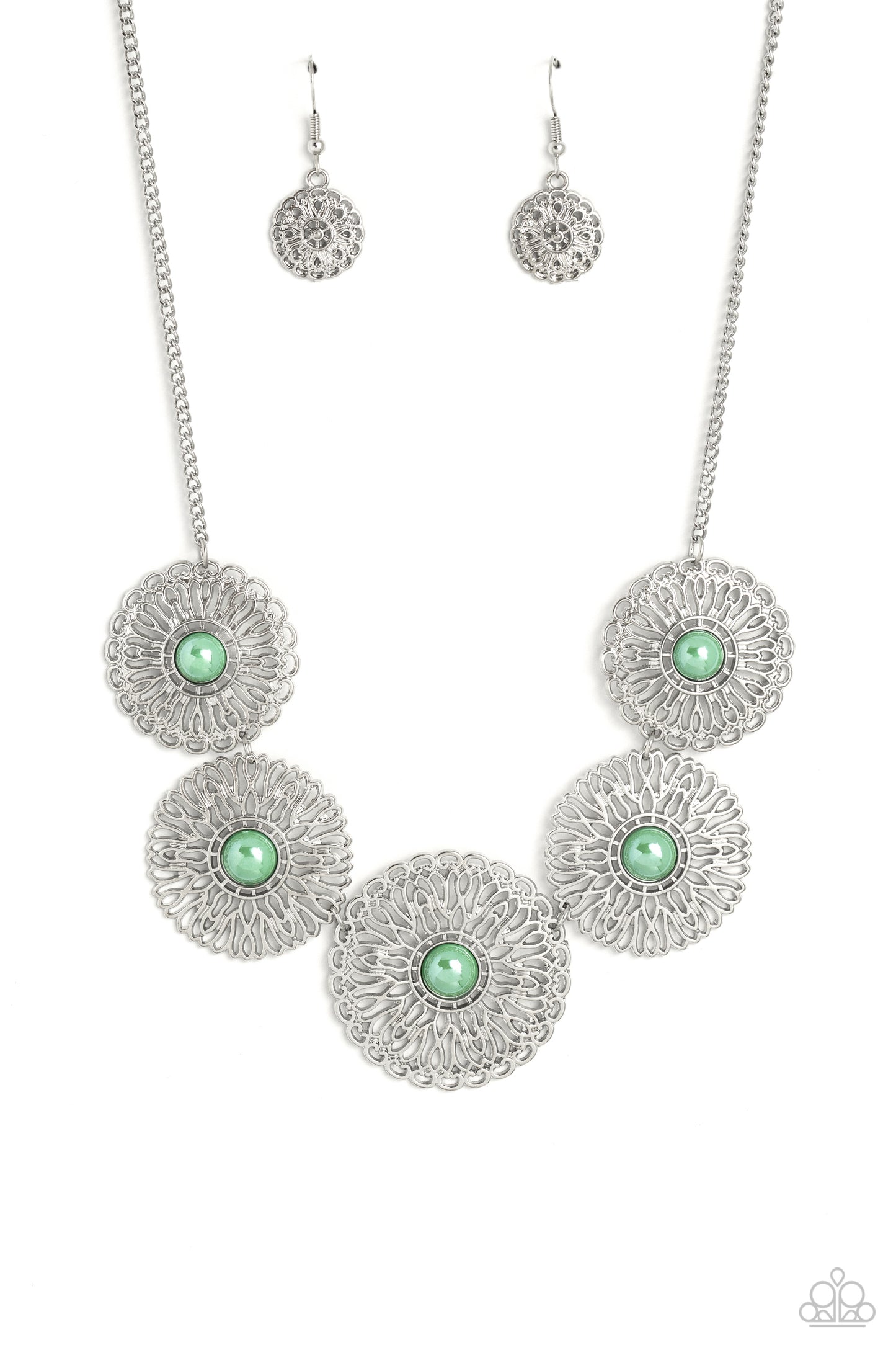 Chrysanthemum Craze - Green Bead Silver Floral Medallion Short Necklace