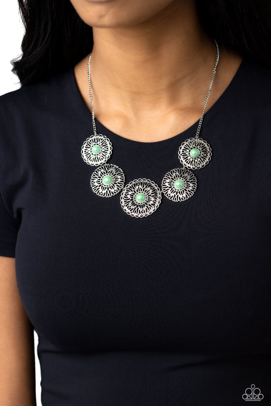 Chrysanthemum Craze - Green Bead Silver Floral Medallion Short Necklace