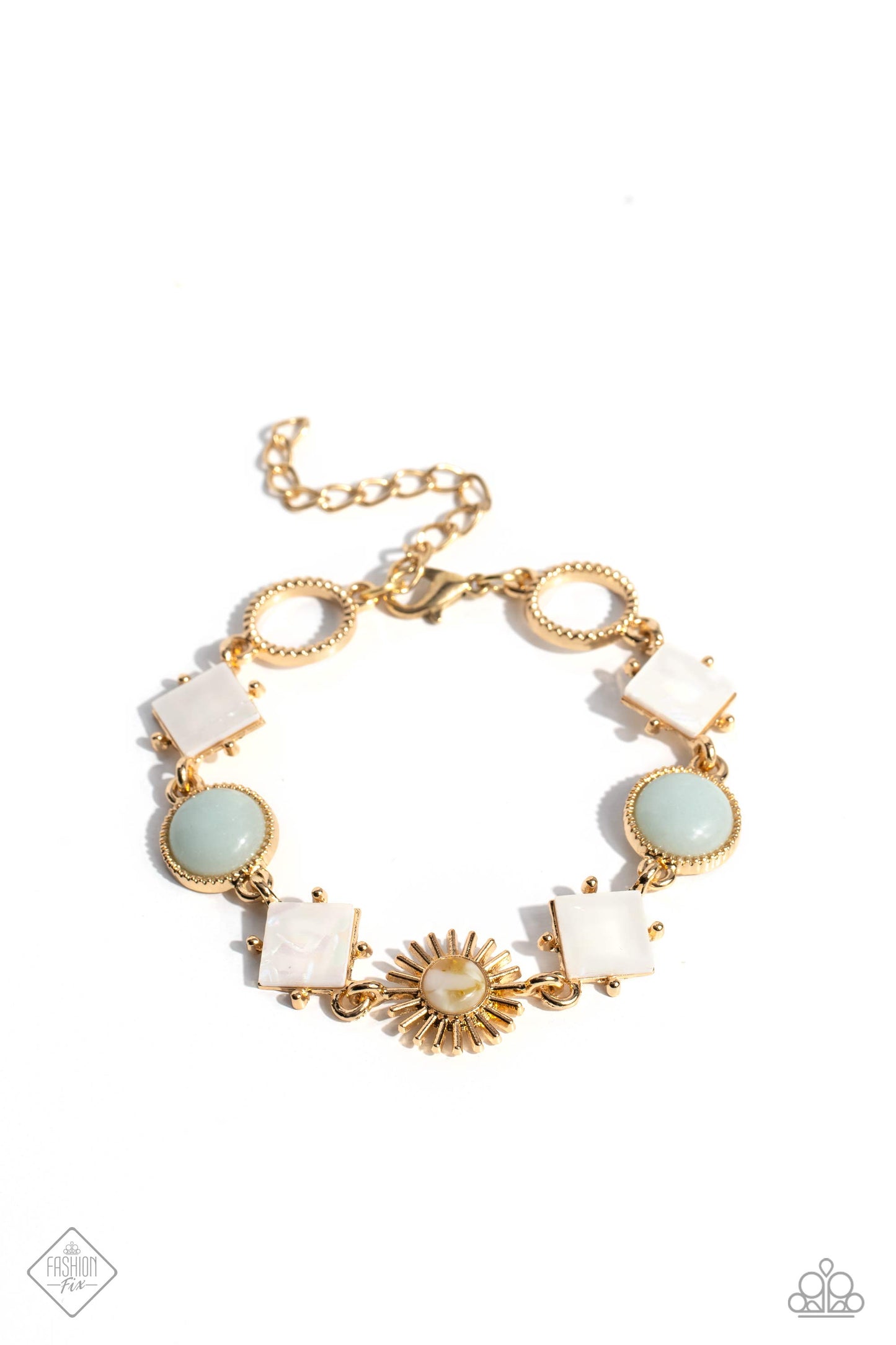 Sunburst Splendor - Gold Frame White Shell Blue Stone Clasp Bracelet - Fashion Fix