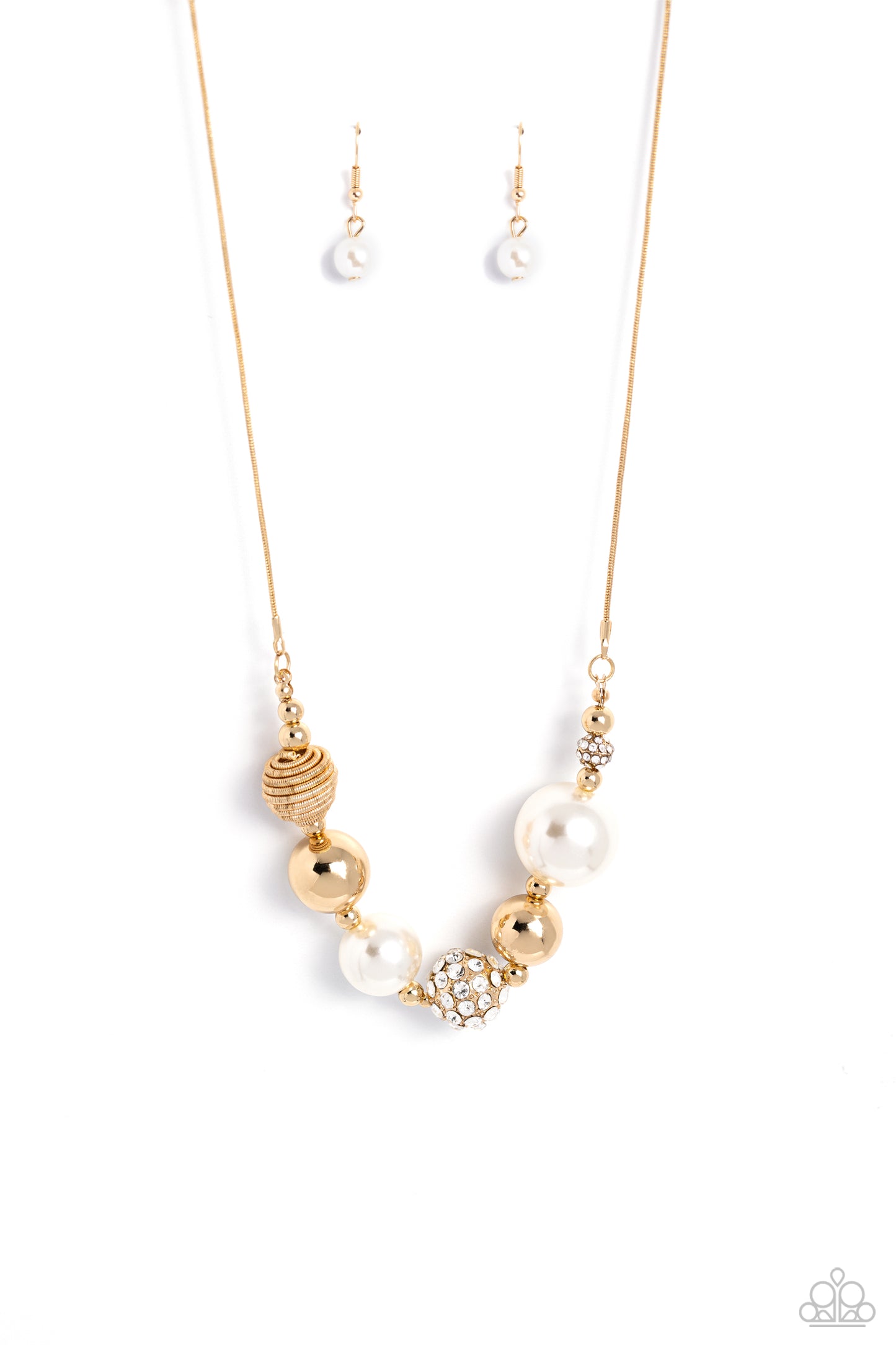 Caliber Choreographer - Gold Beads, Pearls, White Rhinestone Ball Short Necklace