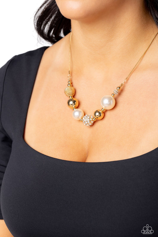 Caliber Choreographer - Gold Beads, Pearls, White Rhinestone Ball Short Necklace