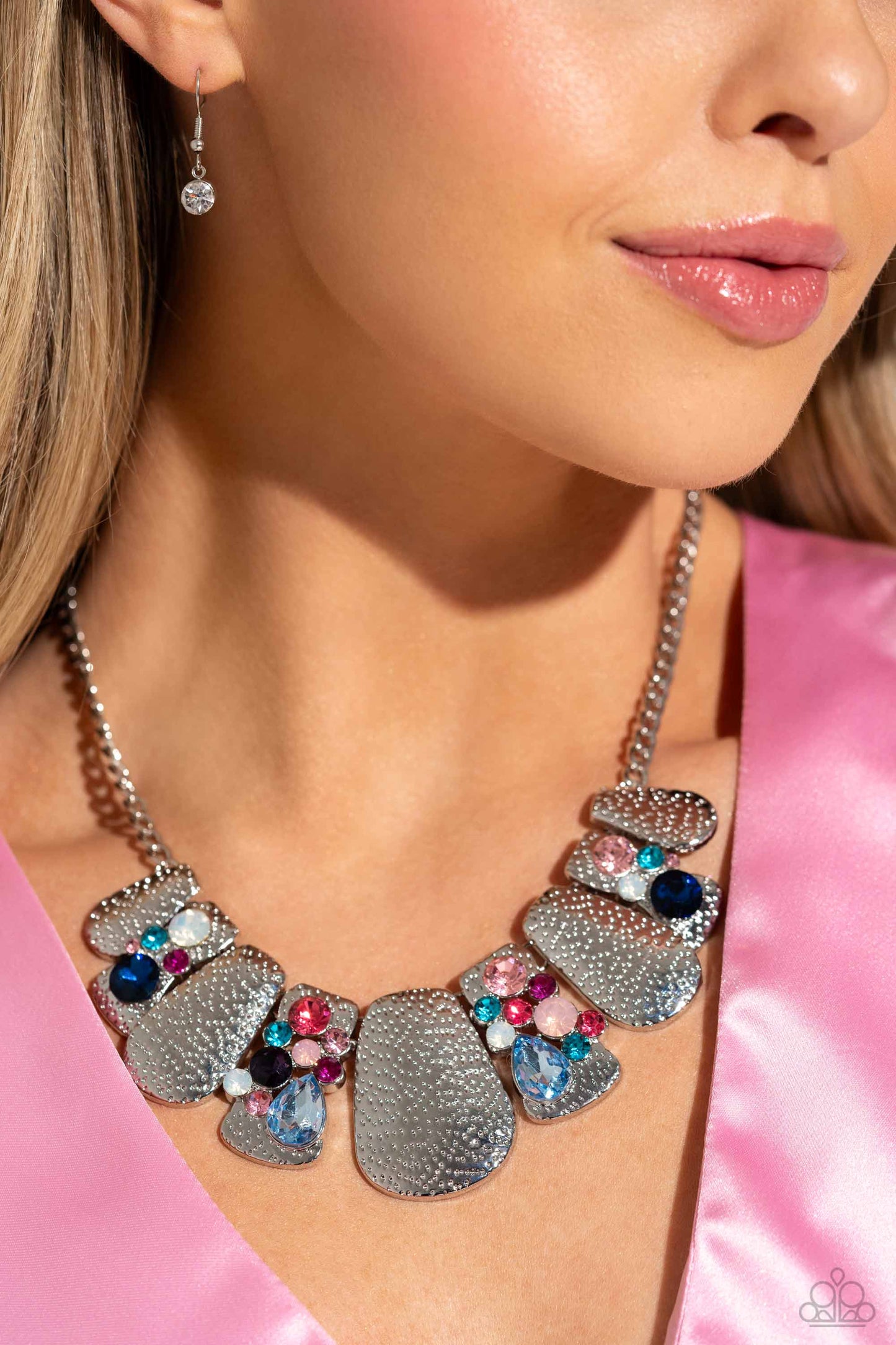 Multicolored Mayhem - Multi-Colored Gems Silver Plates Short Necklace - Life of the Party