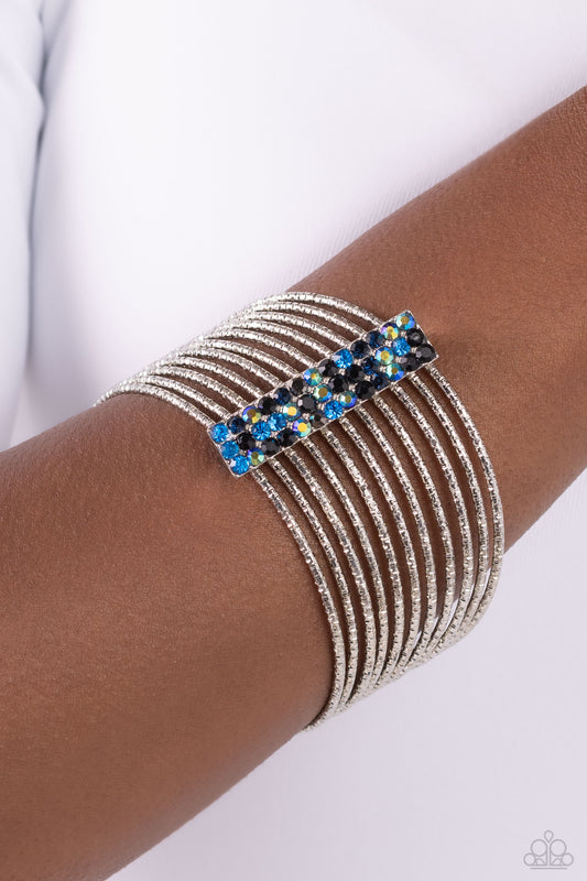 Shimmery Silhouette - Multi Blue Black Iridescent Rhinestone Silver Stack Bangle Bracelet