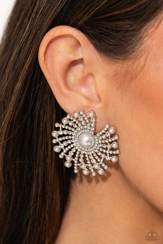 Fancy Fireworks - White Rhinestone and Pearl Swirl Post Earrings - Life of the Party