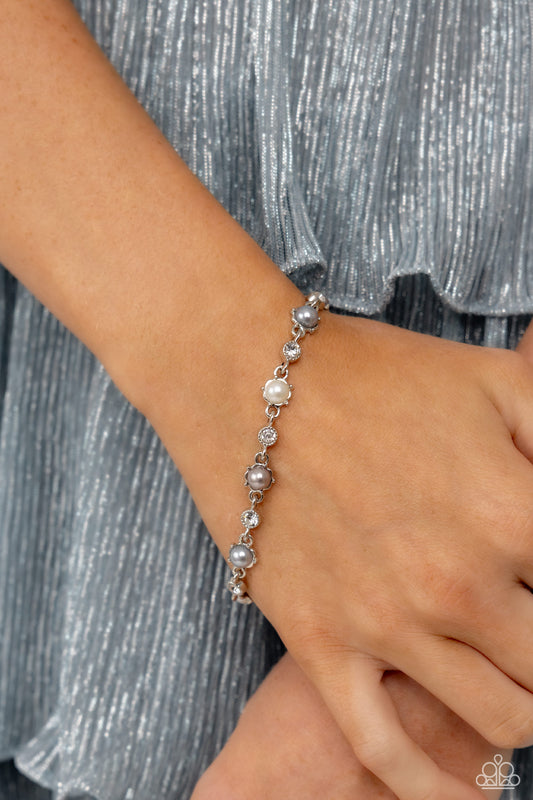 Particularly Pronged - Silver Pearl and White Gems Clasp Bracelet