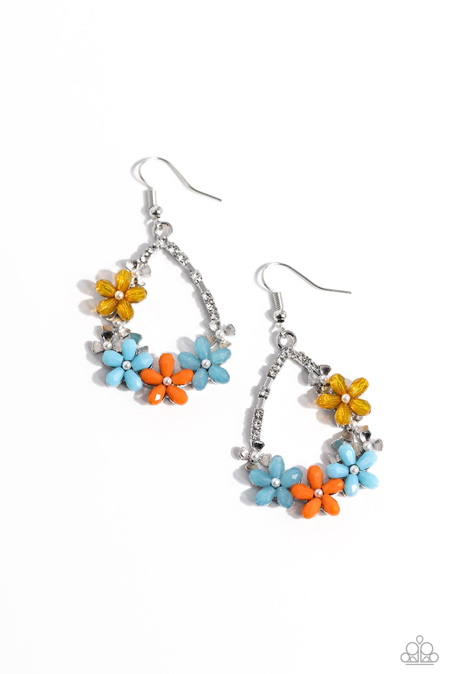 Boisterous Blooms - Multi Yellow Blue and Orange Flower Silver Fishhook Earrings