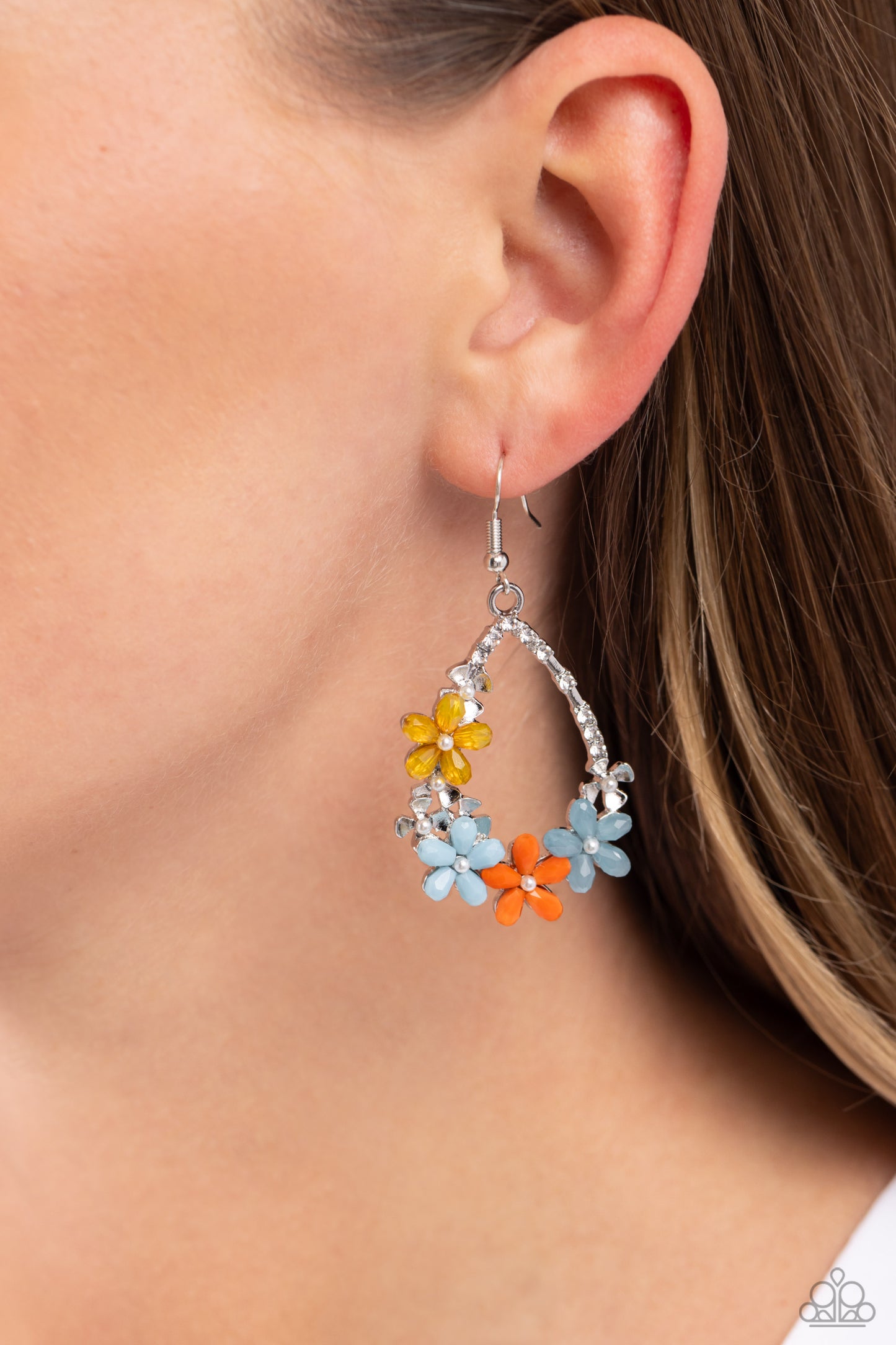 Boisterous Blooms - Multi Yellow Blue and Orange Flower Silver Fishhook Earrings