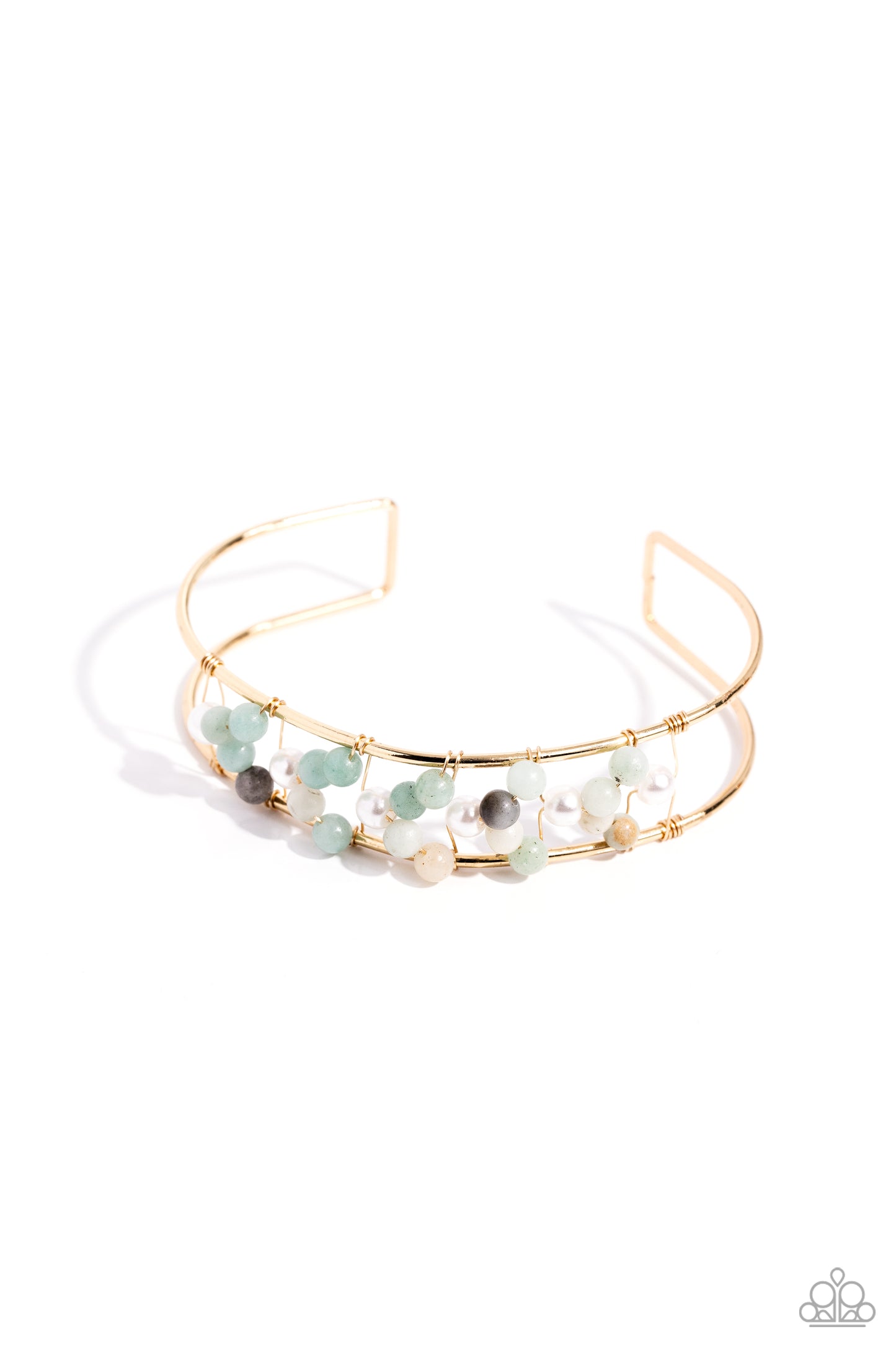 High-WIRE Hallmark - Gold Blue and White Pearl Cuff Bracelet