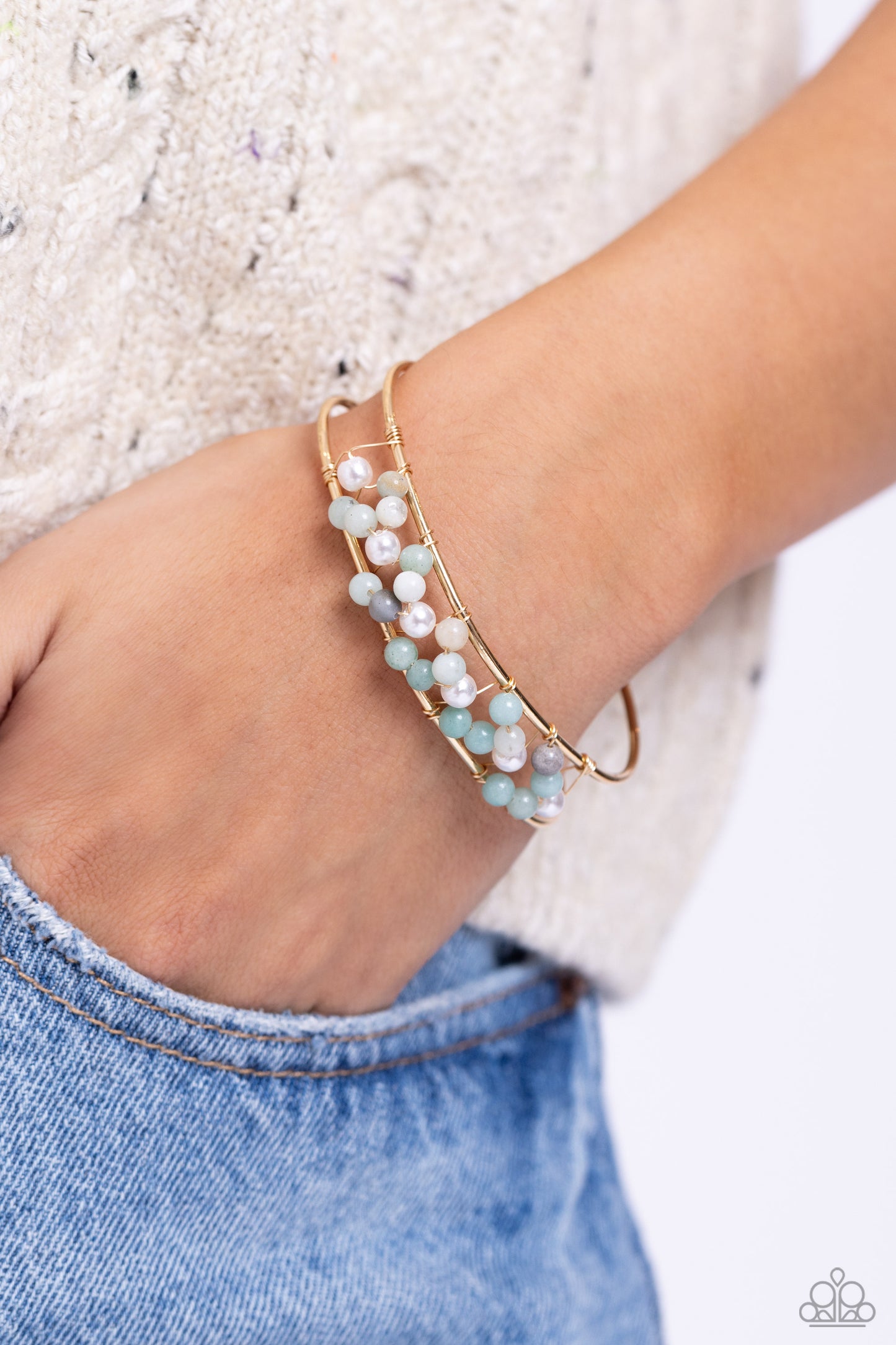 High-WIRE Hallmark - Gold Blue and White Pearl Cuff Bracelet