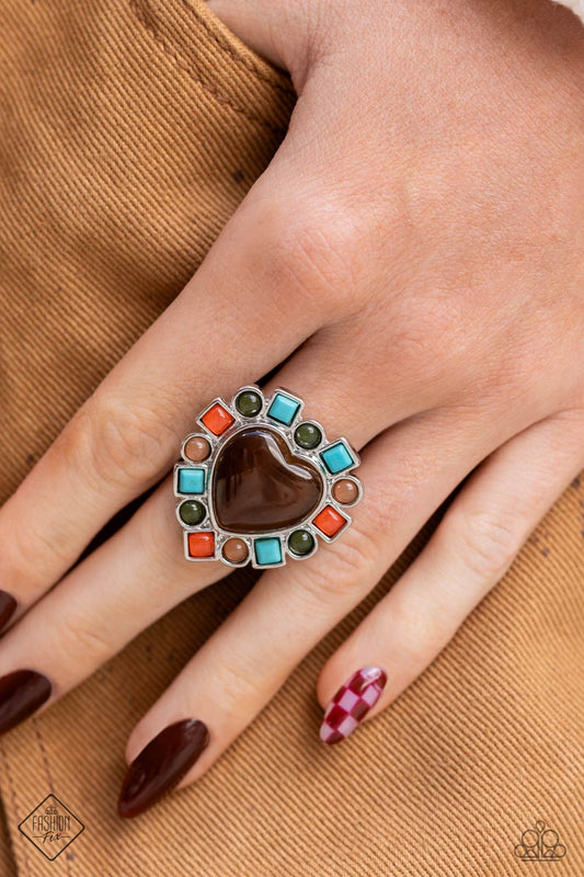 Desertscape Decadence - Brown Cat's Eye Heart Colorful Stone Silver Ring - Fashion Fix