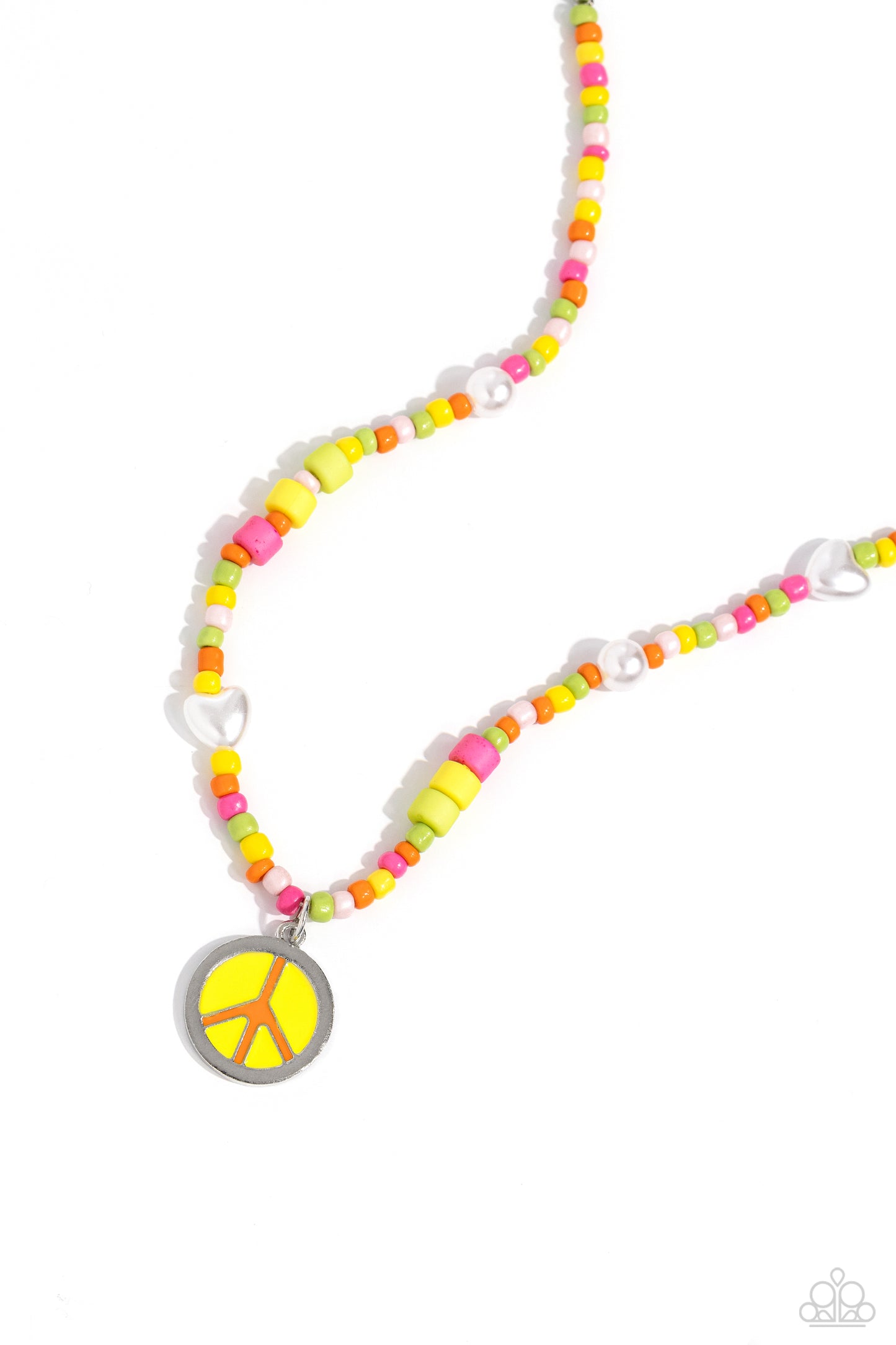 Pearly Possession - Multi Color Seed Bead White Pearl Peace Sign Short Necklace