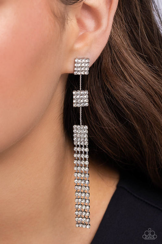 Fiercely Free-Falling - White Rhinestone Silver Tassel Post Earrings